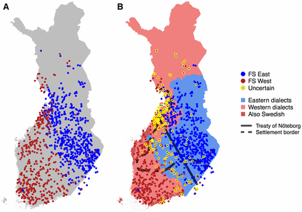 (A) FineSTRUCTURE results with two populations that we labeled west (W) and east (E). (B) Results from A refined by marking with yellow circles the individuals whose assignment is uncertain (<80% assignment probability to both populations). Also shown are the approximate 1323 borderline of the treaty of Nöteborg, the early vs. late-settlement border from Figure 1, and the regions of E and W dialects of the Finnish language, including partly Swedish-speaking coastal regions.