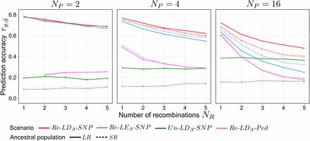 Average prediction accuracy rg,g^ in selection cycle C=0 for different numbers of recombination generations NR used for production of synthetics from Np=2,4,16 parents taken from ancestral populations SR or LR. LDA, ancestral linkage disequilibrium; LEA, ; LR, long-range linkage disequilibrium; Ped, pedigree; Re, related; SNP, single nucleotide polymorphism; SR, short-range linkage disequilibrium.