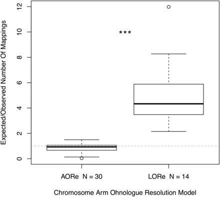 Boxplot highlighting the higher expected/observed ratio of markers mapping to the 14 ‘Lineage-specific Ohnologue Resolution’ (LORe) chromosome arms compared to the 30 ‘Ancestral Ohnologue Resolution’ (AORe) chromosome arms. The null expectation of expected mappings/observed mappings is indicated by the dotted line where expected/observed = 1. Three asterisks denote the significant difference between the expected/observed number of mappings ratio between AORe and LORe regions (Wilcoxon rank sum test: W = 0, P = 5.468x10−11).