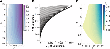 The genetic load created by sexually antagonistic selection. A) The genetic load generated at equilibrium for an additive locus across strengths (s) and asymmetries (α) of selection. B) A comparison of male-female divergence and genetic load for a locus at equilibrium across a gradient of selection coefficients with varying asymmetry. The load generated at a locus exceeds the degree of divergence between the sexes. Each curve corresponds to a different fixed strength of selection from s=0 to s=0.5 and each point along the curves corresponds to a different value of α from 0.6 to 2. C) The population inbreeding coefficient FIS for an additive locus (hm=hf=0.5) at equilibrium. The excess of heterozygous individuals in the population represents the departures from Hardy-Weinberg equilibrium due to sex-specific selection.