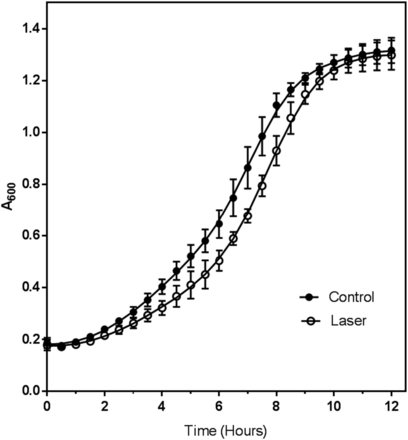 Growth of control (●) and laser irradiated (○) cells upon transfer into growth medium. For each condition, the optical density at 600 nm (A600) was determined for three independent biological replicates. Each biological replicate was measured in quadruplicate and the average value for the biological and technical replicates plotted as a function of time.