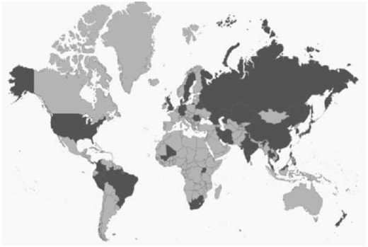 —A map showing the geographic distribution of the isolation origin of the M. tuberculosis strains included within the data set used in this study. The origins of strains included in our data set are colored dark grey. The map was generated at https://www.amcharts.com/svg-maps/; last accessed September 4, 2018 and is used under a Creative Commons Attribution-NonCommercial 4.0 International License.