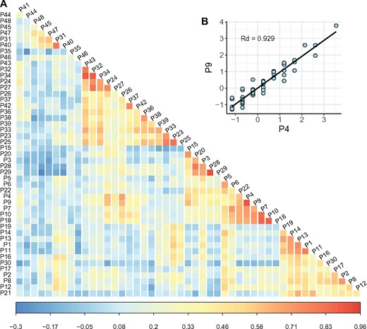 —The pairwise correlation between 48 amino acid distances. (A) The heatmap of pairwise correlation between different amino acid measurements. P1–P48 are the AA measurements listed in supplementary table S2, Supplementary Material online. The color bar represents the spearman’s correlation coefficients (Rd) between AA distances. (B) The inset figure above the diagonal shows the scatter plot (each dot being an AA pair) between the volume measurement (P4) and the helical contact area (P9) of each AA pair. This particular Rd is the second largest among all.