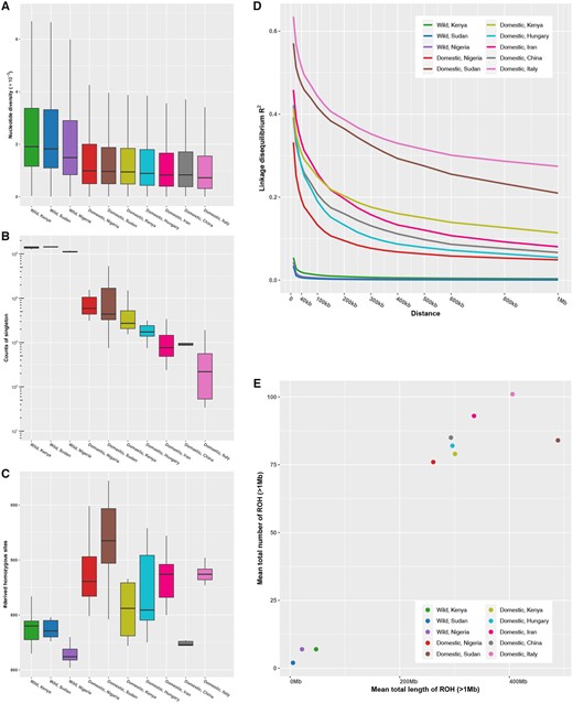 Genetic diversity, genetic load, LD, and runs of homozygosity. (A) Nucleotide diversity (Pi). (B) The counts of singletons. (C) Genetic load in exonic region. (D) Decay of LD. (E) Runs of homozygosity.