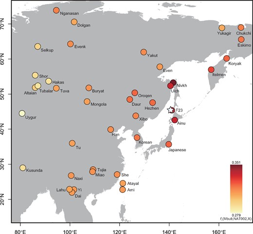 The result of the outgroup f3 test. f3(Mbuti; NAT002, X) was calculated (modern Asian populations and F23 were used as population X). The star indicates the location of the site from which NAT002 was excavated.