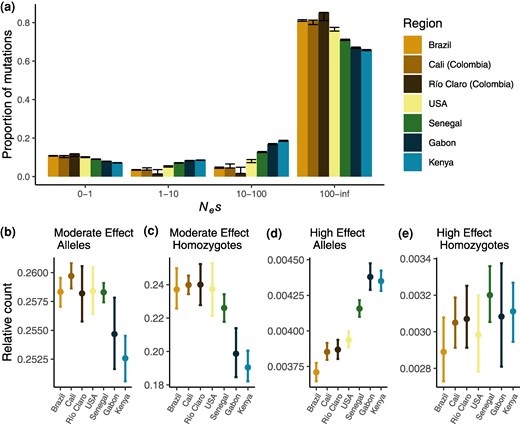 a) DFEs of new mutations for 0-fold degenerate sites relative to 4-fold degenerate sites for all regions, with error bars indicating 95% bootstrapped CIs. b) The ratio of the average number of moderate-effect deleterious alleles (as predicted by SnpEff) to the average number of derived synonymous alleles per individual. Error bars represent 95% bootstrapped CIs. c) Same as b) but showing the ratio of homozygous deleterious genotypes to synonymous homozygotes. d) Same as b) but for deleterious alleles predicted by SnpEff to have a “high” deleterious effect. e) Same as d) but for homozygous genotypes with a high predicted effect.