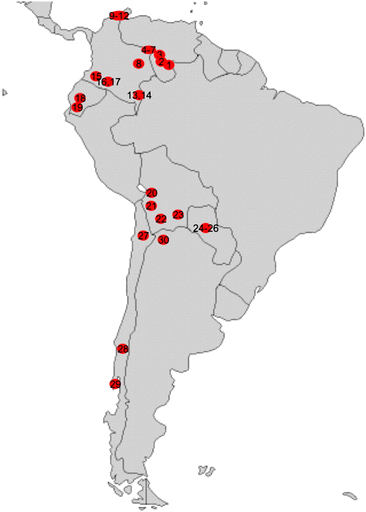 Geographic locations where blood samples were collected. Red circles indicate the approximate locations where the blood samples were collected. The numbers in circles correspond to the location numbers in table 1.