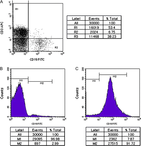FACS analysis to check the content of CD19+ cells. (A) FACS analysis of PBMNCs stained with anti-CD3 and anti-CD19 antibodies. (B, C) FACS analysis of CD19+-depleted cell population (B) and CD19+ cell population (C) stained with anti-CD19 antibody after MACS beads separation, respectively. Lower column indicates statistical analysis for each region shown in figures.