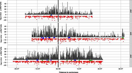 Plot of ρ per kilobase along chromosomes 2, 3, and 5 (dark gray) shows variation between the left and right arms (black vertical line is unsequenced centromeric region) as well as distinct variation across chromosomes. Red dots are −log10 of P-values calculated from sequenceLDhot LR scores where LR of 21 is the cutoff for significance. Blue triangles represent NB–ARC genes containing windows with significant hotspot LR scores, and green triangles (Chr3L and Ch5R only) are LRR’s windows with significant LR scores.
