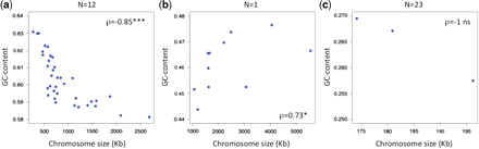 Examples of relationships between chromosome size and total GC content. (a) L. major. (b) T. brucei. (c) G. theta. The values above the plots indicate the number of similar observations that were made among the 36 species (e.g., N = 12 for [a] means 12 significant positive correlations). ρ = Spearman coefficient. Statistical significance: ns, nonsignificant, * <0.05, ** <10−3, *** <10−4.