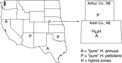 —Collection localities of H. annuus, H. petiolaris, and hybrid zones.