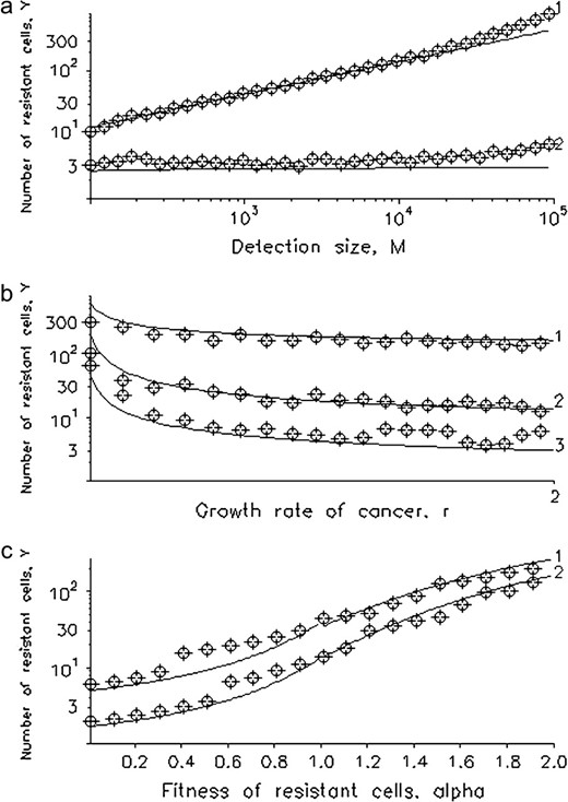 The average number of resistant cells. We show the expected average number of resistant cells in dependence of (a) the detection size, M, (b) the growth rate of sensitive cancer cells, r, and (c) the fitness of resistant cancer cells, α. Equations 11–13 are shown as lines and direct computer simulations as circles. Parameter values are $\batchmode \documentclass[fleqn,10pt,legalpaper]{article} \usepackage{amssymb} \usepackage{amsfonts} \usepackage{amsmath} \pagestyle{empty} \begin{document} \(d{=}b{=}1\) \end{document}$ and (a) $\batchmode \documentclass[fleqn,10pt,legalpaper]{article} \usepackage{amssymb} \usepackage{amsfonts} \usepackage{amsmath} \pagestyle{empty} \begin{document} \(r{=}2\) \end{document}$, $\batchmode \documentclass[fleqn,10pt,legalpaper]{article} \usepackage{amssymb} \usepackage{amsfonts} \usepackage{amsmath} \pagestyle{empty} \begin{document} \(\mathrm{{\alpha}}{=}2\) \end{document}$ (line 1), and $\batchmode \documentclass[fleqn,10pt,legalpaper]{article} \usepackage{amssymb} \usepackage{amsfonts} \usepackage{amsmath} \pagestyle{empty} \begin{document} \(\mathrm{{\alpha}}{=}0.5\) \end{document}$ (line 2); (b) $\batchmode \documentclass[fleqn,10pt,legalpaper]{article} \usepackage{amssymb} \usepackage{amsfonts} \usepackage{amsmath} \pagestyle{empty} \begin{document} \(M{=}10^{4}\) \end{document}$, $\batchmode \documentclass[fleqn,10pt,legalpaper]{article} \usepackage{amssymb} \usepackage{amsfonts} \usepackage{amsmath} \pagestyle{empty} \begin{document} \(u{=}10^{{-}5}\) \end{document}$, $\batchmode \documentclass[fleqn,10pt,legalpaper]{article} \usepackage{amssymb} \usepackage{amsfonts} \usepackage{amsmath} \pagestyle{empty} \begin{document} \(\mathrm{{\alpha}}{=}2\) \end{document}$ (line 1), $\batchmode \documentclass[fleqn,10pt,legalpaper]{article} \usepackage{amssymb} \usepackage{amsfonts} \usepackage{amsmath} \pagestyle{empty} \begin{document} \(\mathrm{{\alpha}}{=}1\) \end{document}$ (line 2), and $\batchmode \documentclass[fleqn,10pt,legalpaper]{article} \usepackage{amssymb} \usepackage{amsfonts} \usepackage{amsmath} \pagestyle{empty} \begin{document} \(\mathrm{{\alpha}}{=}0.5\) \end{document}$ (line 3); and (c) $\batchmode \documentclass[fleqn,10pt,legalpaper]{article} \usepackage{amssymb} \usepackage{amsfonts} \usepackage{amsmath} \pagestyle{empty} \begin{document} \(M{=}10^{4}\) \end{document}$, $\batchmode \documentclass[fleqn,10pt,legalpaper]{article} \usepackage{amssymb} \usepackage{amsfonts} \usepackage{amsmath} \pagestyle{empty} \begin{document} \(u{=}10^{{-}5}\) \end{document}$, $\batchmode \documentclass[fleqn,10pt,legalpaper]{article} \usepackage{amssymb} \usepackage{amsfonts} \usepackage{amsmath} \pagestyle{empty} \begin{document} \(r{=}1.1\) \end{document}$ (line 1), and $\batchmode \documentclass[fleqn,10pt,legalpaper]{article} \usepackage{amssymb} \usepackage{amsfonts} \usepackage{amsmath} \pagestyle{empty} \begin{document} \(r{=}2\) \end{document}$ (line 2). The results of the stochastic computer simulation are averaged over 100,000 runs.