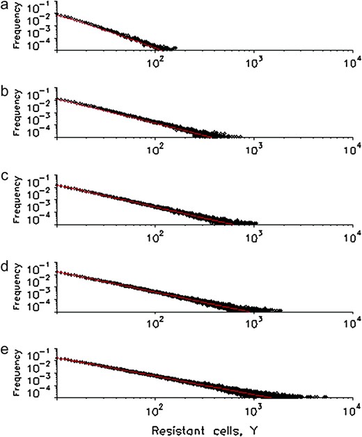 The distribution of resistant cells. We show the probability distribution of resistant cells for different fitness values of resistant cells, α. Equations 15b and 16 are shown as red lines and direct computer simulations as circles. Parameter values are $\batchmode \documentclass[fleqn,10pt,legalpaper]{article} \usepackage{amssymb} \usepackage{amsfonts} \usepackage{amsmath} \pagestyle{empty} \begin{document} \(M{=}10^{4}\) \end{document}$, $\batchmode \documentclass[fleqn,10pt,legalpaper]{article} \usepackage{amssymb} \usepackage{amsfonts} \usepackage{amsmath} \pagestyle{empty} \begin{document} \(u{=}10^{{-}5}\) \end{document}$, $\batchmode \documentclass[fleqn,10pt,legalpaper]{article} \usepackage{amssymb} \usepackage{amsfonts} \usepackage{amsmath} \pagestyle{empty} \begin{document} \(r{=}2\) \end{document}$, and $\batchmode \documentclass[fleqn,10pt,legalpaper]{article} \usepackage{amssymb} \usepackage{amsfonts} \usepackage{amsmath} \pagestyle{empty} \begin{document} \(d{=}b{=}1\) \end{document}$ and (a) $\batchmode \documentclass[fleqn,10pt,legalpaper]{article} \usepackage{amssymb} \usepackage{amsfonts} \usepackage{amsmath} \pagestyle{empty} \begin{document} \(\mathrm{{\alpha}}{=}0.5\) \end{document}$, (b) $\batchmode \documentclass[fleqn,10pt,legalpaper]{article} \usepackage{amssymb} \usepackage{amsfonts} \usepackage{amsmath} \pagestyle{empty} \begin{document} \(\mathrm{{\alpha}}{=}1\) \end{document}$, (c) $\batchmode \documentclass[fleqn,10pt,legalpaper]{article} \usepackage{amssymb} \usepackage{amsfonts} \usepackage{amsmath} \pagestyle{empty} \begin{document} \(\mathrm{{\alpha}}{=}1.25\) \end{document}$, (d) $\batchmode \documentclass[fleqn,10pt,legalpaper]{article} \usepackage{amssymb} \usepackage{amsfonts} \usepackage{amsmath} \pagestyle{empty} \begin{document} \(\mathrm{{\alpha}}{=}1.5\) \end{document}$, and (e) $\batchmode \documentclass[fleqn,10pt,legalpaper]{article} \usepackage{amssymb} \usepackage{amsfonts} \usepackage{amsmath} \pagestyle{empty} \begin{document} \(\mathrm{{\alpha}}{=}2\) \end{document}$. The results of the stochastic computer simulation are averaged over $\batchmode \documentclass[fleqn,10pt,legalpaper]{article} \usepackage{amssymb} \usepackage{amsfonts} \usepackage{amsmath} \pagestyle{empty} \begin{document} \(10^{7}\) \end{document}$ runs.