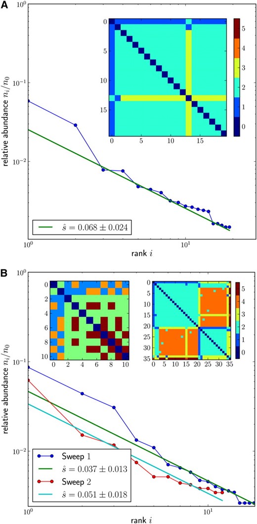 (A) Exemplary sweep in HIV evolution. The rank-frequency spectrum and pairwise distance matrix are shown for the different haplotypes coding for the same amino acid sequence, amino acids 180–220 of the RT (Hedskog et al. 2010); compare Figure 5. All but haplotype 13 differ from the most abundant haplotype (0) by one mutation. Haplotype 13 is most likely a descendant of haplotype 1. (B) Example of a soft sweep in HIV evolution. In this sample, the two most abundant haplotypes 0 and 1 differ by more than one mutation (top left corner of left inset, showing the distance matrix of the 10 most abundant haplotypes), suggesting that the selected mutation arose independently on different backgrounds. By inspecting the first two columns of the left distance matrix, one finds that most of the other haplotypes differ by one mutation from either haplotype 0 or haplotype 1, consistent with the beneficial mutation having arisen independently on haplotypes 0 and 1. Assigning the rare haplotypes to either of the two abundant “founding” haplotypes and reordering yield the distance matrix shown as the right inset, this time including all 36 haplotypes. The reordered matrix displays two characteristic sweep patterns as blocks on the diagonal. Indeed, the haplotypes of each of these two blocks display the characteristic power-law rank-frequency spectrum. In both panels, ic = 8 and relative errors are 1/ic.