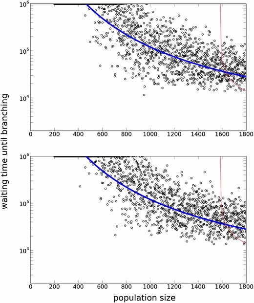A Log plot of waiting times for evolutionary branching for different population sizes and mutation parameters. The top panel (μ=0.0025,σ=0.02) depicts a result for a smaller mutation rate than in Figure 8, while the bottom panel (μ=0.01,σ=0.01) depicts a result for a smaller mutation step size. As μσ2=10−6 is the same, the analytic prediction curves are the same. The two simulation results are also undistinguishable. Parameters: (b1,b2,c1,c2)=(6.0,−1.4, 4.56,−1.6).