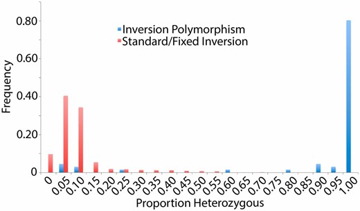 A histogram of the proportions of each autosomal chromosome arm called heterozygous from the 205 DGRP genomes. Based on the cytological analysis of Huang et al. (2014), red arms were reported to be free of inversion polymorphism, while blue arms contained polymorphic inversions. The greatly increased heterozygosity of the latter category illustrates the effects of inversion polymorphism on inbreeding efficacy.