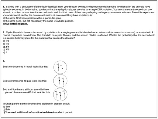 Three sample questions from the Genetics Concept Assessment (Smith et al. 2008). Correct answers are shown in boldface type.