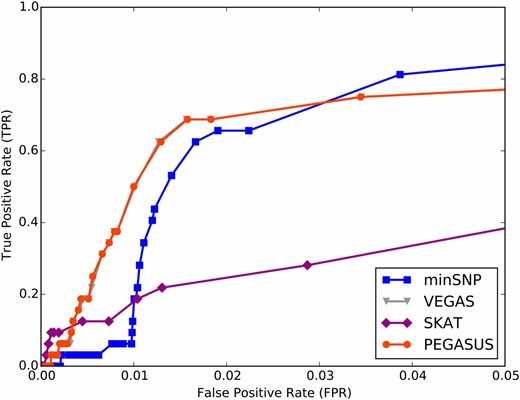Receiver operating characteristic (ROC) curves from GWA conducted with simulated phenotypes show gene scores controlling for LD achieve higher true positive rates at low false positive rates. We performed a GWA study for a simulated phenotype with known underlying true causal genes (see Materials and Methods) and determined true positive rate (TPR; genes truly associated with phenotype that were identified as such) and false positive rate (FPR; genes identified as causal by a gene score method that were not truly associated with the simulated phenotype) for minSNP, VEGAS, SKAT, and PEGASUS for various gene score thresholds (see Materials and Methods). We find that PEGASUS and VEGAS, which control for pairwise correlations between SNPs within genes, outperform minSNP and SKAT with higher TPRs at very low FPRs.
