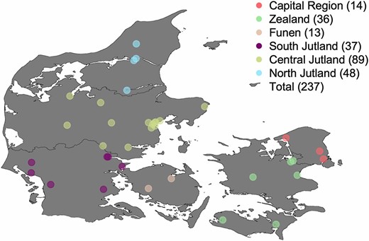 Location of the 36 Danish high schools participating in the Where Are You From? project colored by geographic origin. Number of samples with at least three grandparents born in each of the six regions is shown in parentheses.