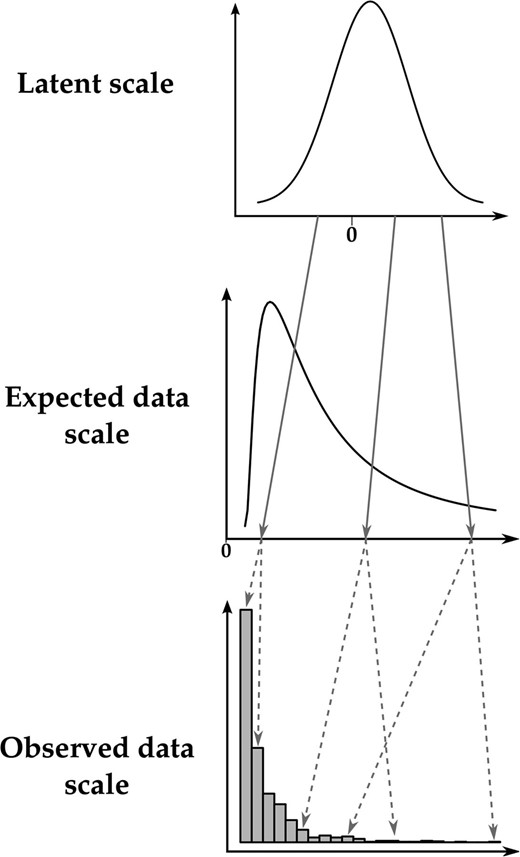 Example of the relationships between the three scales of the GLMM using a Poisson distribution and a logarithm-link function. Deterministic relationships are denoted with shaded solid arrows, whereas stochastic relationships are denoted with shaded dashed arrows. Note that the latent scale is depicted as a simple Gaussian distribution for the sake of simplicity, whereas it is a mixture of Gaussian distributions in reality.