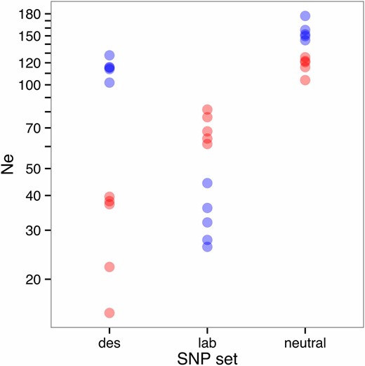 Effective population size for each replicate line, calculated over candidate and noncandidate SNPs. Each point represents the mean effective population size for a desiccation-selected line (red), or control line (blue), calculated over all desiccation candidate SNPs (“des,” n = 38,150–41,624), all lab-adaptation SNPs (“lab,” n = 658–710), or a set of randomly chosen neutral (noncandidate) SNPs (“neutral,” n = 4773–5838). SNP numbers vary slightly among replicates because missing or nonvariable SNPs were excluded.