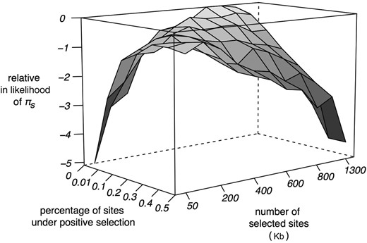 Relative ln-likelihood of πs as a function of the number of selected sites, and the proportion of sites subject to positive selection from forward simulations. Simulations used a mean strength of both positive and purifying selection of Ns = 128.
