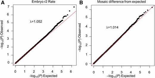 Quantile–quantile analysis of genome-wide association study for drive performance among the Drosophila Genetic Reference Panel lines. A plot of expected vs. observed −log10(P-value) for each hit for (A) the rate of full embryo r2 resistance allele formation, and (B) the difference between expected and observed embryo mosaic rates.