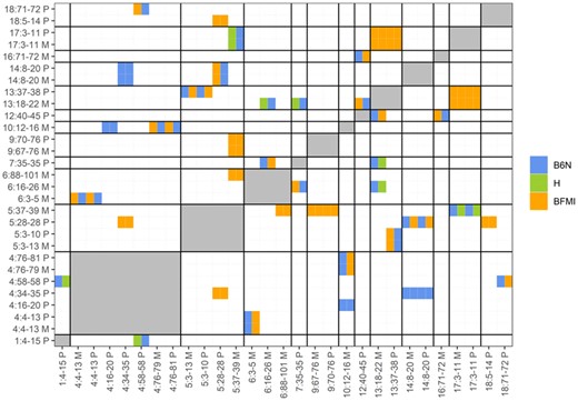Significant genetic incompatibilities between regions showing TRD. Heat map showing the pairwise genetic incompatibility scan between TRD regions, genome-wide P(BF) < 0.05. The allele combination (M1|M2) which is most reduced (in percentages) between the observed and expected allele combinations are shown in the figure with colors denoting the founder allele combination M1 (x-axis) and M2 (y-axis). Names of regions are composed of chr: start-end allele origin; start and end positions are given in megabase pairs; furthermore, the TRD origin is coded by M for maternal and P for paternal. When two regions were located on the same chromosome the genetic incompatibility test was not performed (gray areas), since the pairwise genetic incompatibility test can only be performed on loci which are not in linkage.