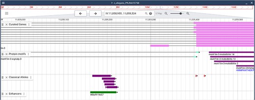 JBrowse with sequence features. A partial view of the lin-3 sequence in the JBrowse viewer. “Classical alleles” (amusingly including CRISPR gene edits) shown in purple provide evidence for the lin-3 vulval enhancer (WBsf919657) shown in green. The top shows the displayed coordinates and allows navigation with left and right arrows as well as the ability to zoom in or out. Users can choose the tracks that are displayed, with many choices hidden in the menu at the upper left. Here, curated exons are shown (magenta) (lin-3 has alternative 5′ exons, one of which is shown here) in the intron of majority transcription unit. Protein motifs are shown next (purple), followed by mutant alleles and finally an enhancer (green).