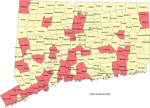 Connecticut towns where train-the-trainer sessions took place for Connecticut Collaboration for Fall Prevention 2 from 2007–2009.