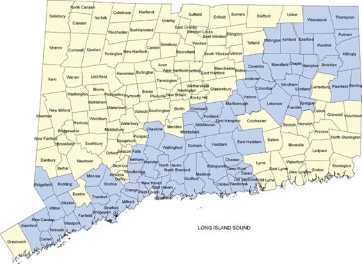 Overall coverage area of the state-sponsored regional projects for Connecticut Collaboration for Fall Prevention 3 in 2010–2011.