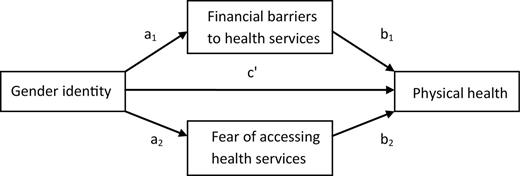 The mediation model where gender identity is associated with physical health through limited health care access. c′ indicates the direct effect in the model with mediators. The indirect path coefficients via financial barriers to health services and fear of accessing health services are a1 × b1 and a2 × b2, respectively. The proportion of the total effect mediated is computed with dividing the total indirect effect [(a1 × b1) + (a2 × b2)] by the total effect [c′ + (a1 × b1) + (a2 × b2)]. 