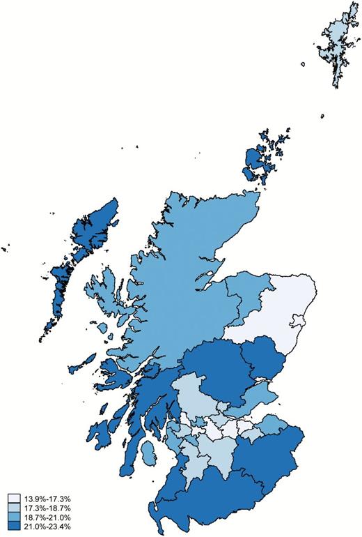 Older population (65+) density (percentages) in Scotland by council areas, mid-2013. Source: UK Office of National Statistics. Note: An interactive map can also be found here: http://www.scotlandscensus.gov.uk/ods-web/datavis.jsp?theme=Population_v4_September_2013 (accessed February 24, 2016).