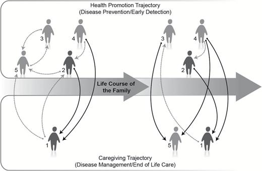 Illustration of two, synchronous, social trajectories resulting from inherited disease diagnosis. In the Health Promotion Trajectory, family members support and encourage behaviors aimed at disease prevention and early detection in those unaffected but at risk. In the Caregiving Trajectory, family members support caregiving activities related to disease management of end-of-life care for those diagnosed with the condition. Symbols represent family members (black = older generation; gray = younger generation). The lines connecting family members represent provision of social resources (black = caregiving activities; gray = support toward risk-reducing or early detection behaviors). Over time, those who were previously at risk may become affected by the condition and transition from the Health Promotion Trajectory to the Caregiving Trajectory, as illustrated by family member no. 5.