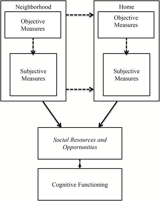 Conceptual framework. Solid-lined arrows represent the mechanisms previously examined in the literature. Dotted arrows indicate the potential mediating pathways that have been largely overlooked in prior work but we propose to examine in the current study. While not explicitly tested due to multicollinearity issues, italicized font is included here to illustrate the relationships between disordered conditions of place and cognitive functioning in the theoretical model.