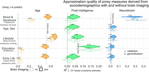 Approximation performance of proxy measures derived from sociodemographic data and MRI. We report the R2 metric to facilitate comparisons across prediction targets. The cross-validation (CV) distribution (100 Monte Carlo splits) on the validation dataset is depicted by violins. Drawing style indicates whether brain imaging (solid outlines of violins) was included or excluded (dotted outlines of violins). Dots depict the average performance on the validation data across CV-splits. Triangles depict the performance of the average prediction (CV-bagging) on held-out generalization datasets. For convenience, the mean performance on the validation set is annotated for each plot. Vertical dotted lines indicate the average performance of the full MRI model. The validation and held-out datasets gave a similar picture of approximation performance with no evidence for cross-validation bias [53]. For the averaged out-of-sample predictions, the probability of the observed performance under the null distribution and the uncertainty of effect sizes was formally probed using permutation tests and bootstrap-based confidence intervals (Supplementary Table S1). Corresponding statistics for the baseline performance of models solely based on brain imaging (vertical dotted lines) are presented in Supplementary Table S5. Figure 3 - Fig. supplement 1 shows approximation results based on MRI. Figure 3 - Fig. supplement 2 presents results based on all sociodemographic factors.