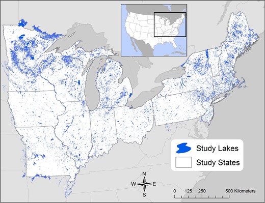 Map of the study extent of LAGOS-NE. Map includes 17 states in the upper Midwest and Northeastern United States outlined in white and 51 101 lakes ≥4 ha shown as blue polygons. Some lakes extend beyond state borders and are included in the database if it was possible to delineate their watersheds. Watershed boundaries rather than state boundaries were used for all analyses of lakes, streams, and wetlands. The map is modified from Soranno et al. [17].