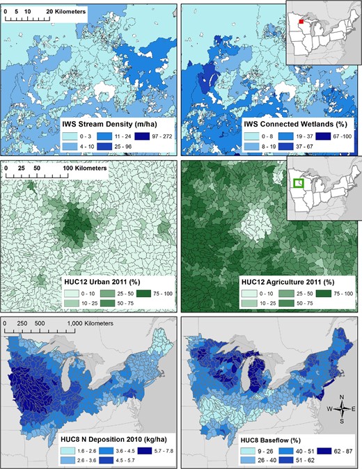 Example ecological context variables by spatial classification in LAGOS-NE. The top 4 panels are zoomed in to selected regions of Minnesota and Wisconsin so that the zone boundaries can be seen. The upper left panel shows stream density in each lake IWS, and the upper right panel shows the percentage of connected wetlands in each lake IWS. The middle left panel shows the 2011 percent urban land use/cover in each hydrologic unit code 12 (HUC12), and the middle right panel shows the 2011 percent agricultural land use/cover in each hydrologic unit code 12 (HUC12). The lower left panel shows the 2010 nitrogen deposition in each HUC8, and the lower right panel shows the average percentage of streamflow that is baseflow in each HUC8.