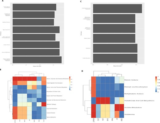 Measurements of selected pathway features in the two exemplary data sets. (A-B) Dataset 1, breast cancer vs healthy control plasma samples. (C-D) Dataset 2, ER+ vs ER− breast cancer tissue samples. (A, C) Selected pathway features measured by information gain, before constructing the classification models. The x-axis represents information gain score that measures the importance of the pathways, and the y-axis displays the names of pathways selected from the training data. (B, D) Heat map of selected pathway features measured by importance score, after constructing the classification models. The importance score is ranged from 0 (blue color) to 1 (red color). The seven machine learning methods from left to right are recursive partitioning and regression analysis (RPART), linear discriminate analysis (LDA), support vector machine (SVM), random forest (RF), generalized boosted model (GBM), prediction analysis for microarray (PAM), and logistic regression (LOG).