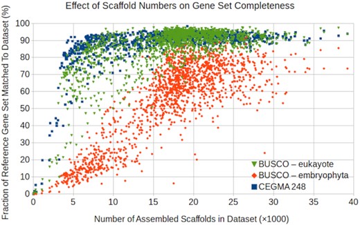 Fraction of the gene sets found (complete + fragments) vs the number of scaffolds (≥300 bp) in the assemblies. For each sample, the fractions of the eukaryota and embryophyta sets found in the assemblies are calculated with BUSCO and the fraction of the CEGMA 248 set with the CRBB tool. All 3 sets are more completely recovered at higher scaffold counts, but the BUSCO embryophyta set is less complete in our samples.
