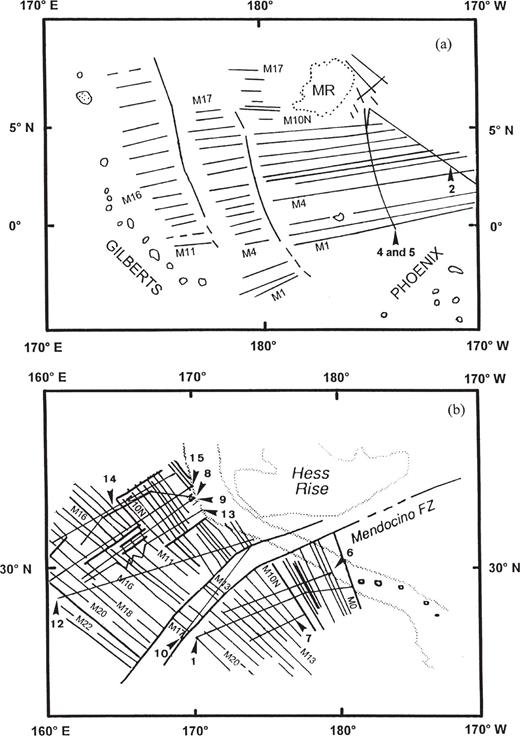 The locations of the anomaly profiles for (a) the Phoenix and (b) the Hawaiian lineations (modified from Larson & Sager 1992). Particular ocean floor anomalies are marked conventionally as M1 , M4, …, etc. Numbers not preceded by M identify the analysed profiles.