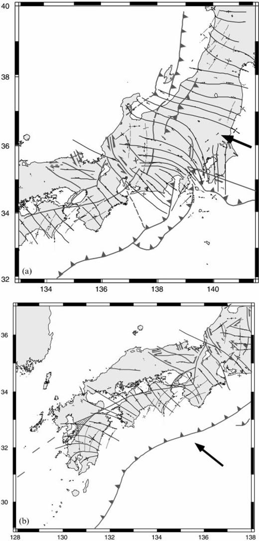 Strain patterns in central and northern Japan (a) and in southwestern Japan (b) derived from the GPS velocity field shown in Fig. 1. The trajectories of maximum shortening are shown as continuous lines, whereas the trajectories of maximum extension are dashed grey lines. Main active tectonic faults and plate boundaries have been schematized (thick continuous lines). The subduction vectors with respect to Eurasia are shown by large arrows. Note the parallelism between the subduction vectors and the maximum shortening trajectories.