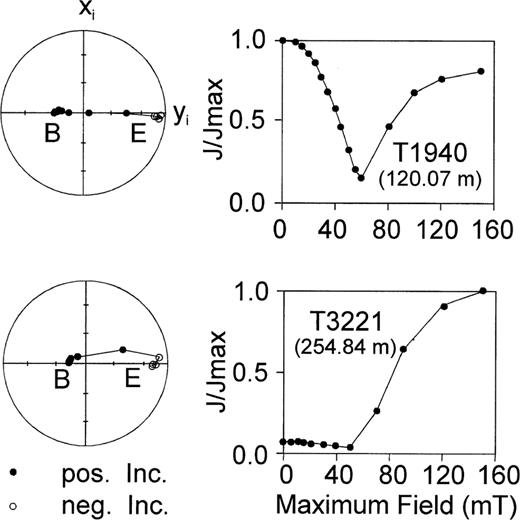 GRM acquisition after stepwise heating. Numbers indicate temperatures in °C. Full AF demagnetization curves are shown. Note the different scales in parts a and b (see details in text). The starting point of ‘20’ represents the NRM intensity.