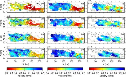 (a)–(l) Horizontal slices through the final velocity model at depths of 1–12 km. White dots are receiver locations. Regions not sampled by ray paths are shown in white. Velocity contour (black and white lines) interval is 0.2 km s−1 in all panels. The thick black contour is 6 km s−1. Note that colour scales are not linear and different scales are used for panels (a)–(d), (e)–(h) and (i)–(l). The star in (c) denotes the approximate hypocentral locations of the 1975 and 1997 earthquakes discussed in the text.