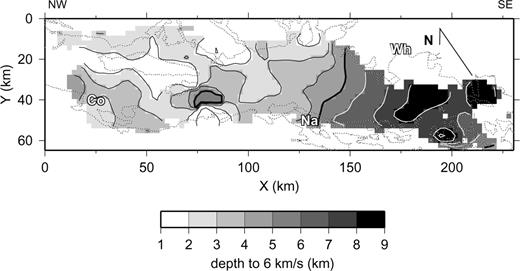 Contour map of depth to the 6 km s−1 isovelocity contour in the final 3-D velocity model, which is interpreted to represent approximately the base of the Georgia Basin sediments. The contour interval is 1 km. The heavy black line is the 5 km contour. Contours for depths > 5 km are white. Co, Na and Wh are the Comox, Nanaimo and Whatcom sub-basins, respectively.