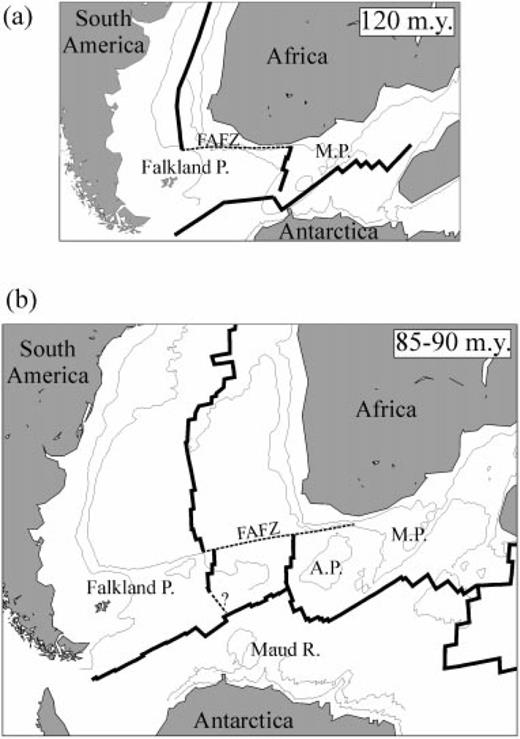 Reconstruction of the South Atlantic and Southwest Indian Ocean region between (a) Early Cretaceous (chron M0) and (b) Late Cretaceous (chron 34). Bold lines represent spreading centres at chrons M0 and 34 (from Müller . 1997). Dashed lines indicate transform boundaries. Note that the two South Atlantic spreading centres between the Falkland and Agulhas Plateaus in the Late Cretaceous reconstruction correspond to a major westward ridge jump along the Falkland–Agulhas Fracture Zone (FAFZ) (Hartnady & le Roex 1985). A.P. and M.P. are abbreviations for the Agulhas and Mozambique plateaus, respectively. The results presented in this paper suggest that the Agulhas Plateau must have come into existence after the Falkland Plateau drifted away from the Mozambique Ridge.
