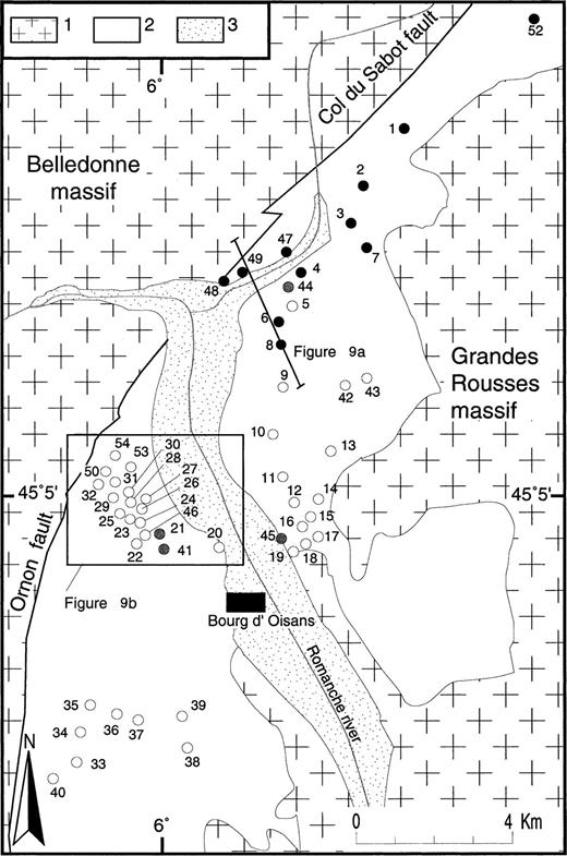Map showing the locations of the sites in the study area. 1: Crystalline basement, 2: Mesozoic cover (mainly Liassic marly limestones), 3: Quaternary deposits. The polarity of the site after thermal demagnetization at 150 °C is indicated: white—reverse; black—normal; grey—samples of normal and reverse polarity at the same site. The location of Fig. 9 is indicated.