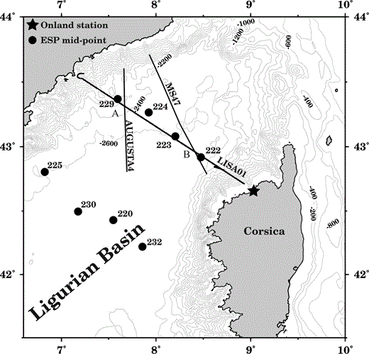 Location map of the north Ligurian basin and of the data used in this study. Contours are of bathymetry every 200 m. LISA01 is divided in two parts: LISA01‐A on the Provençal margin with ESPs 229 and 224, and LISA01‐B on the Corsica margin with ESPs 223 and 222.