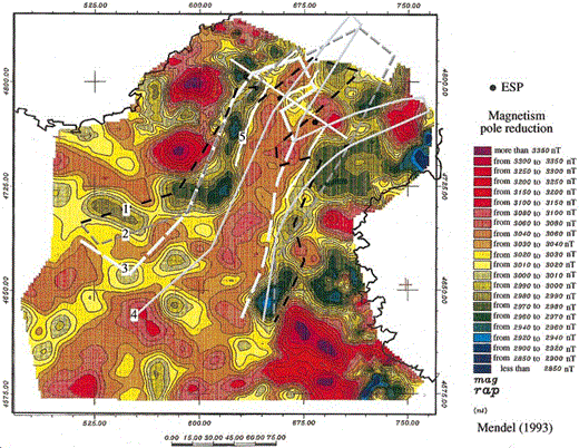 Magnetic map ( Mendel 1993) with different ocean boundaries proposed by several authors in the north Ligurian basin. (1) Pasquale . 1996); (2) Réhault (1981); (3) Burrus (1984); (4) Gueguen (1995); (5) the ocean boundary proposed in this study. A fracture zone may separate the basement high seen on MS47 and the deep basement observed on the LISA01 MCS line. This fracture zone is characterized by a shift of the magnetic anomalies on the magnetic map.