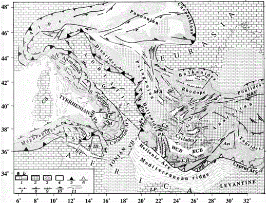 Sketch of the major tectonic lineaments and structural domains in the central Mediterranean region. (1) Continental (a) and oceanic (b) parts of the Africa/Adriatic and Eurasian forelands; (2) Tethyan belt comprised of oceanic remnants and intermediate massifs (Pelagonian, Anatolian and Cyclades arcs); (3) deformation belts developed on the African and Eurasian margins; (4) crustal thinning; (5) active thrust fronts; (6) subduction zones; (7) inactive thrust fronts; (8, 9, 10) compressional, tensional and transcurrent features; (11) main trends of compressional deformation in the Mediterranean Ridge and Calabrian Arc. A: Albania; An: Antalya block; Co: Corinthian trough; C: Crati trough; CR: Crete; CS: Corsica–Sardinia block; ECB: Eastern Cretan basin; Ep: Epirus; G: Gargano fault; Ke: Kefallinia fault; IB: Iblean block; LP: Libyan promontory; M: Messina trough; MA: Macedonia; MB: Marsili basin; NAF: North Anatolian fault; P: Palinuro fault; PE: Peloponnesus; PS: Pliny–Strabo trenches; SC: Sicily Channel; Se: Siracusa escarpment; St: Struma tectonic belt; T: Raranto gulf; VH: Victor Hensen fault; Vu: Vulcano fault; WCB: Western Cretan basin.